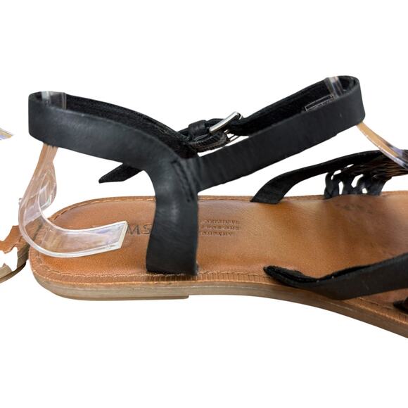 Toms Lexie Sandals Black Leather Ankle Strap Flats Thongs Woven Shoes sz 7 - Picture 3 of 16